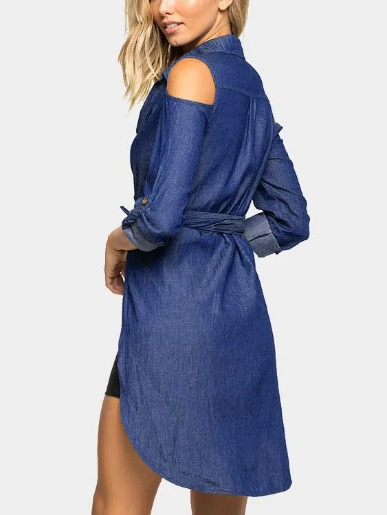 Custom Long Sleeve Curved Hem Blue Blouses