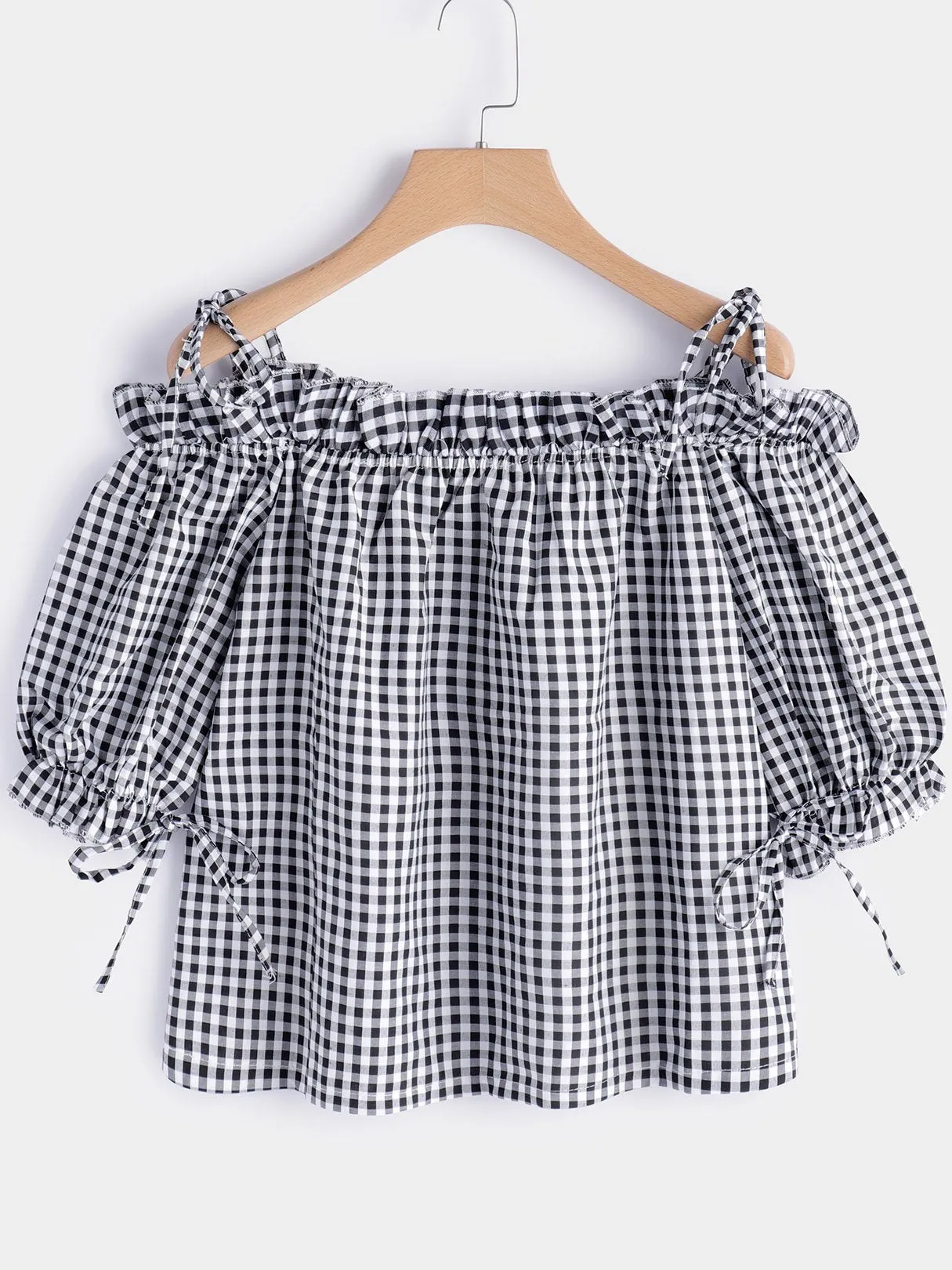 Custom Off The Shoulder Grid Lace-Up 3/4 Sleeve Black Blouses