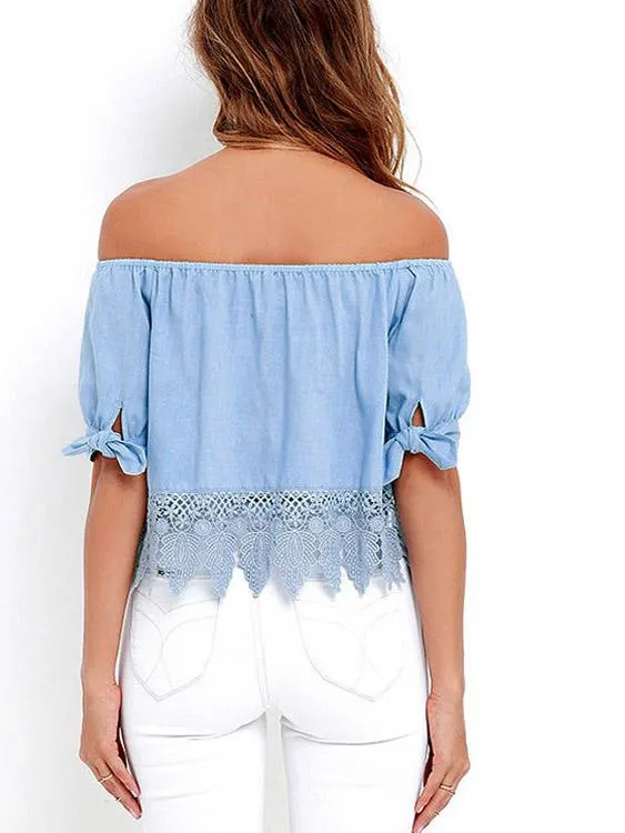 Custom Off The Shoulder Lace Half Sleeve Irregular Hem Blue Top