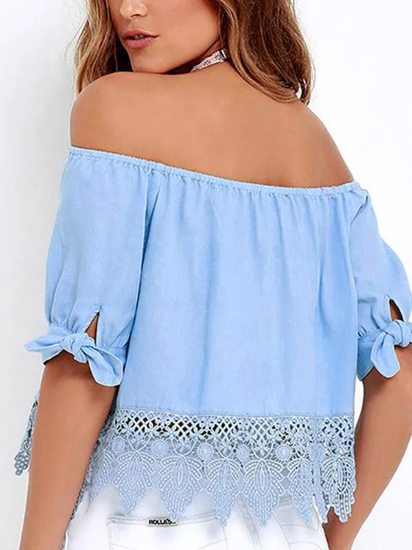 Custom Off The Shoulder Lace Half Sleeve Irregular Hem Blue Top