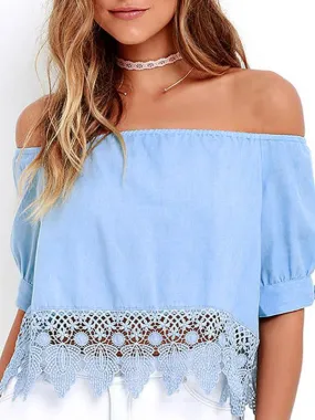 Custom Off The Shoulder Lace Half Sleeve Irregular Hem Blue Top