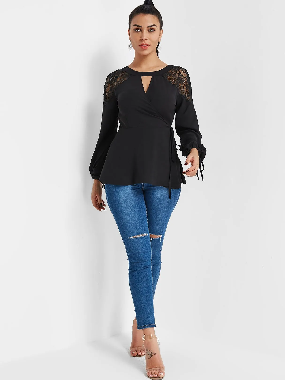 Custom Round Neck Crossed Front Tie-Up Long Sleeve Black Blouses