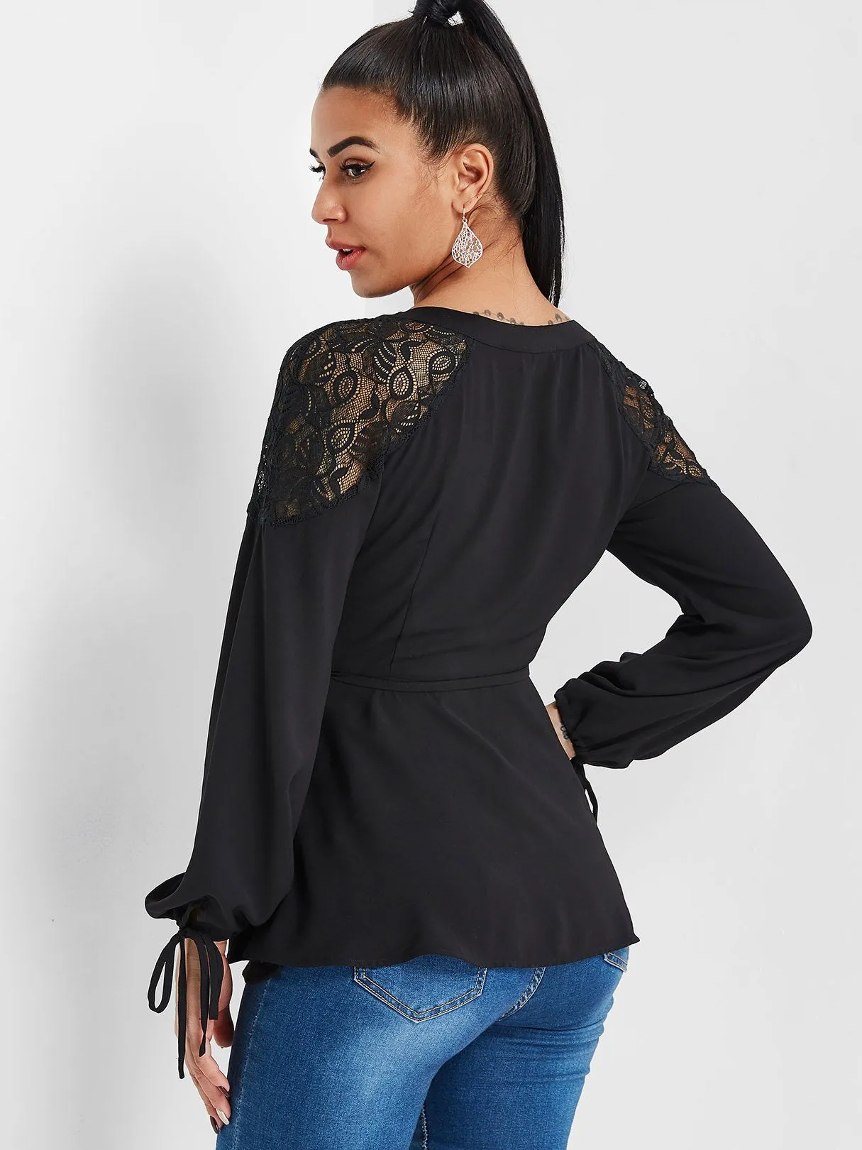 Custom Round Neck Crossed Front Tie-Up Long Sleeve Black Blouses