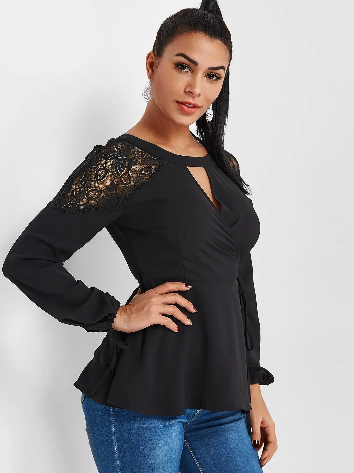 Custom Round Neck Crossed Front Tie-Up Long Sleeve Black Blouses