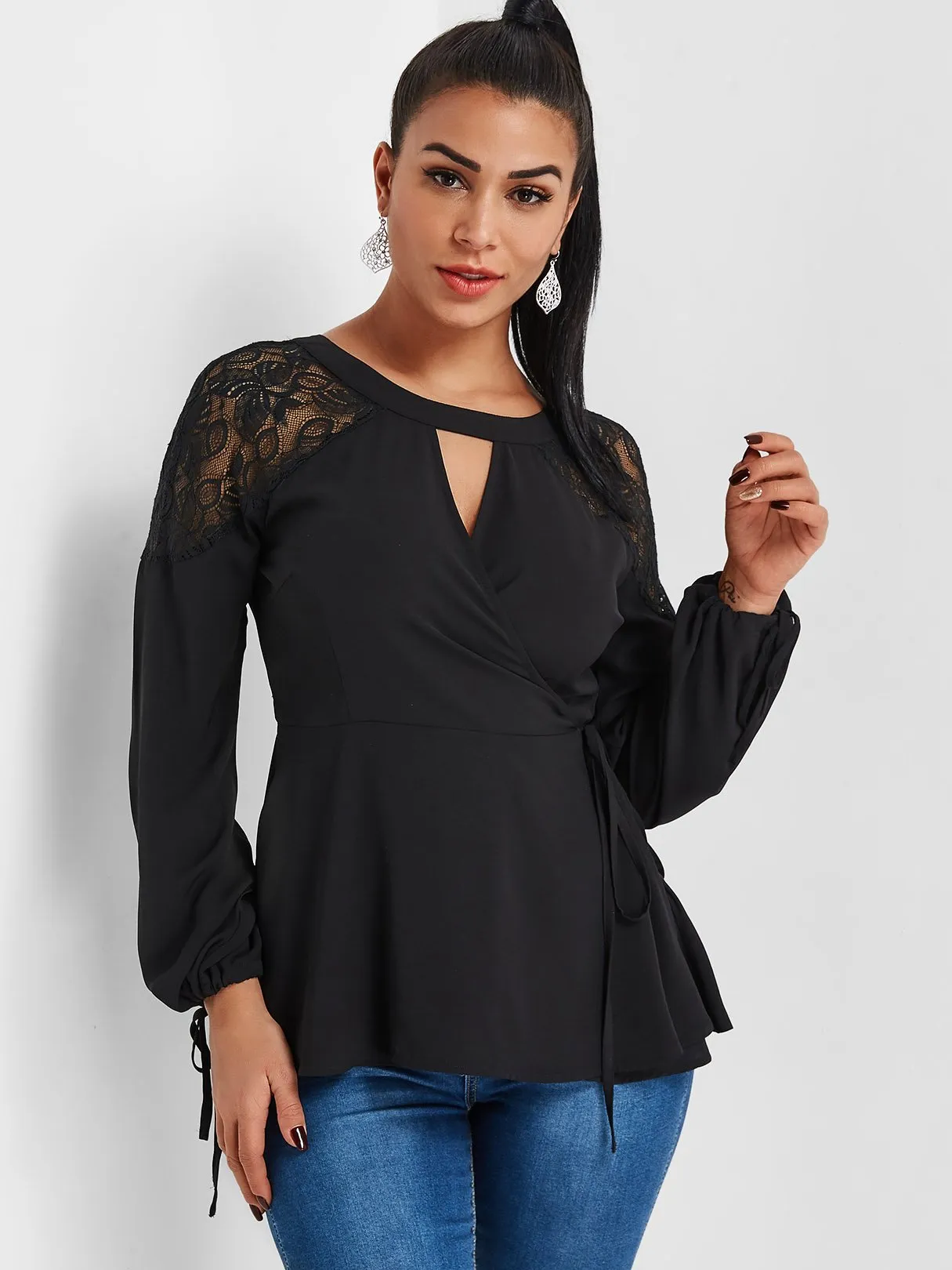 Custom Round Neck Crossed Front Tie-Up Long Sleeve Black Blouses