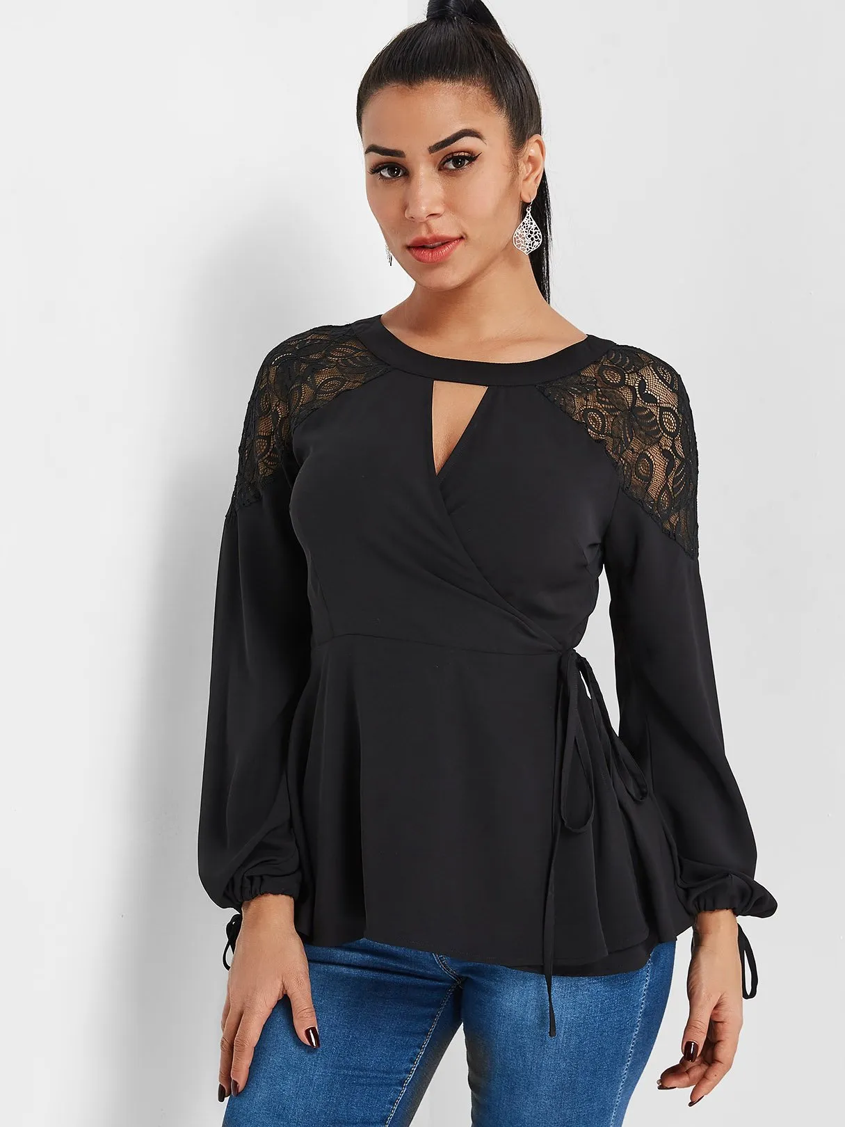 Custom Round Neck Crossed Front Tie-Up Long Sleeve Black Blouses