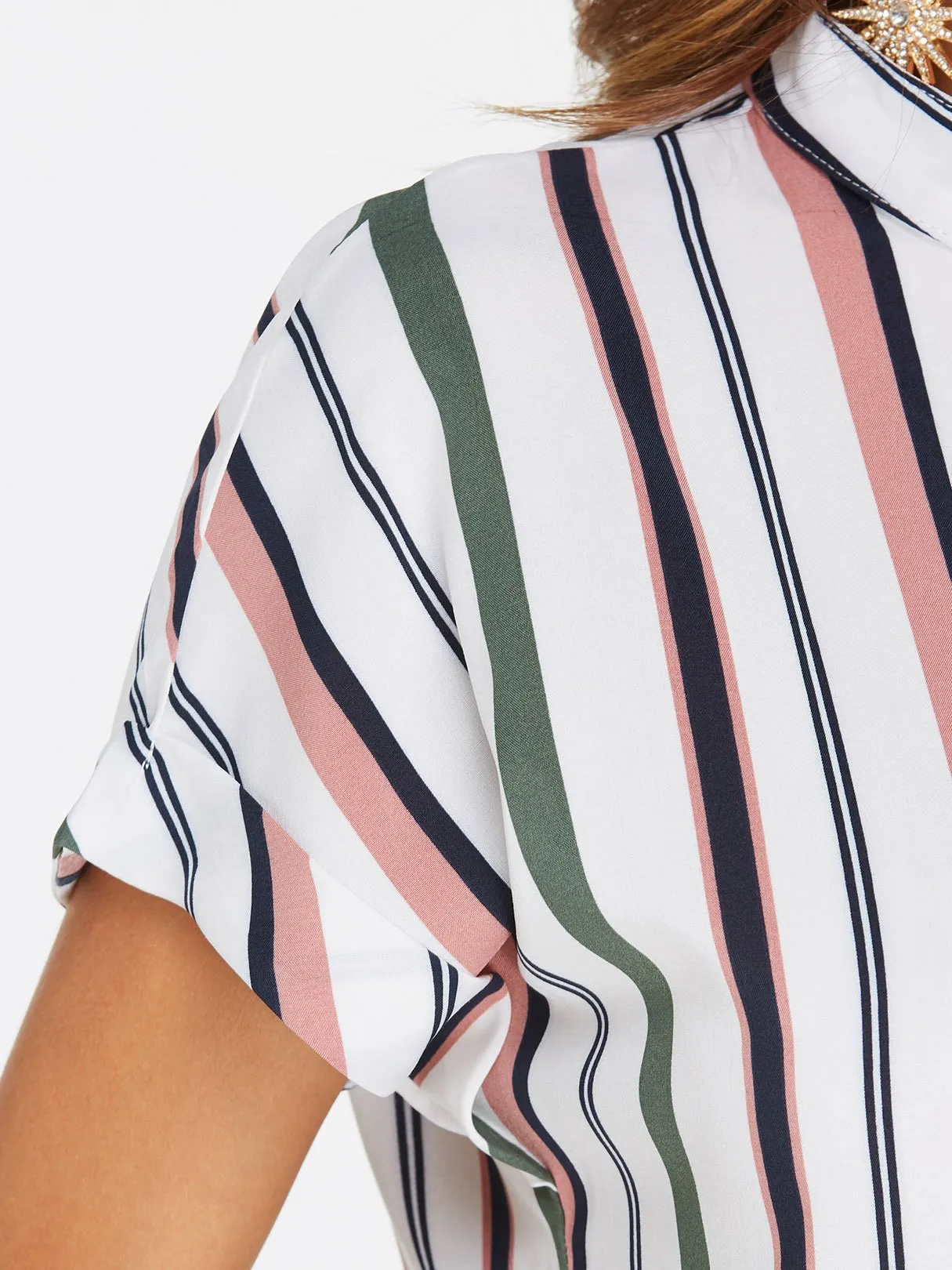 Custom Stripe Pattern Single Breasted Design Round Neck Blouses