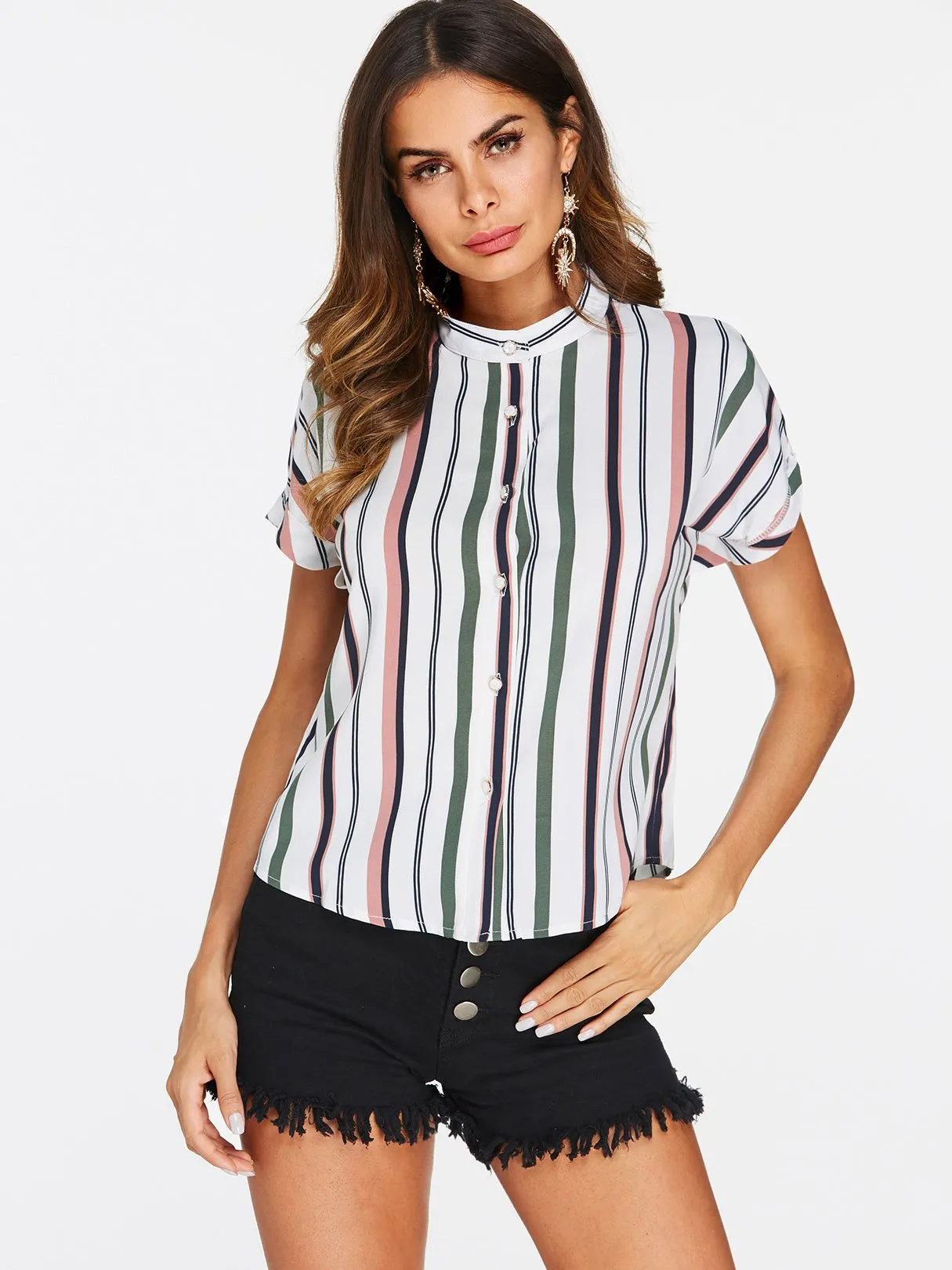 Custom Stripe Pattern Single Breasted Design Round Neck Blouses