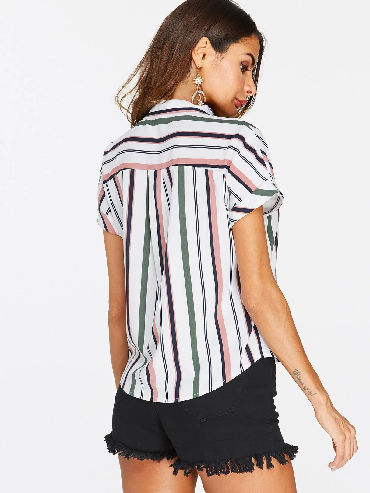 Custom Stripe Pattern Single Breasted Design Round Neck Blouses