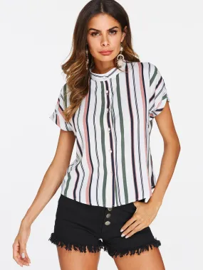 Custom Stripe Pattern Single Breasted Design Round Neck Blouses