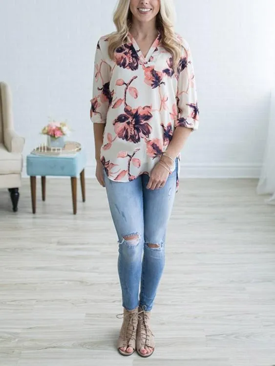 Custom V-Neck Floral Print Long Sleeve White Blouses