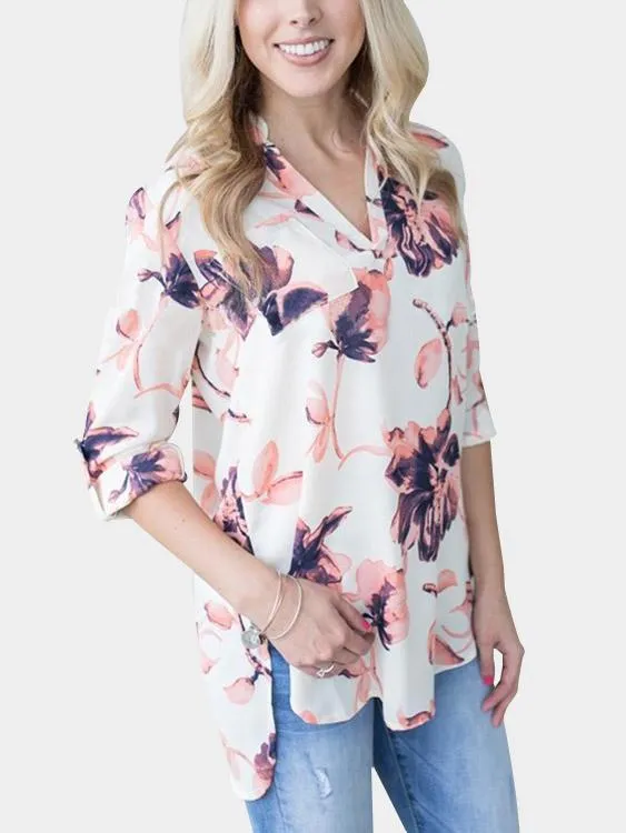 Custom V-Neck Floral Print Long Sleeve White Blouses