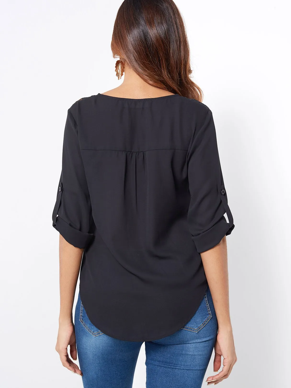 Custom V-Neck Plain Lace Zip Back Long Sleeve Curved Hem Black Blouses