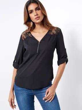 Custom V-Neck Plain Lace Zip Back Long Sleeve Curved Hem Black Blouses