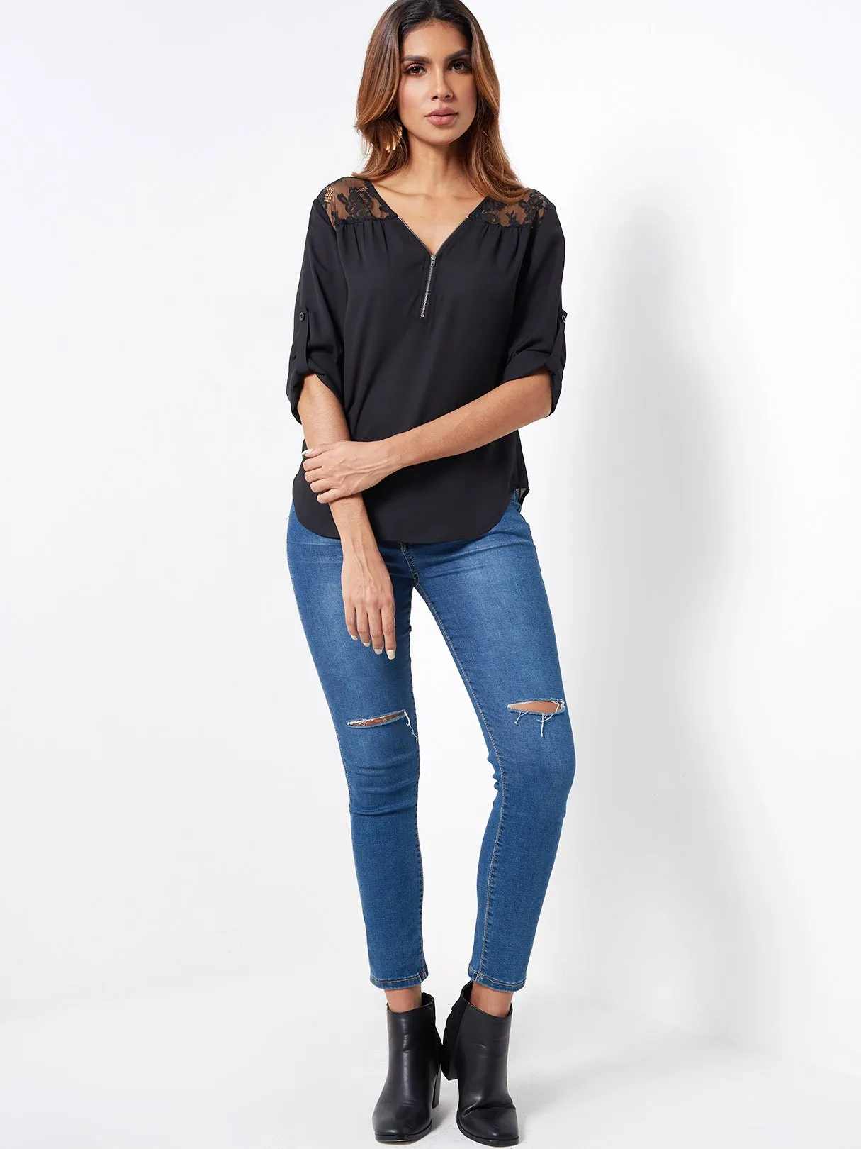 Custom V-Neck Plain Lace Zip Back Long Sleeve Curved Hem Black Blouses