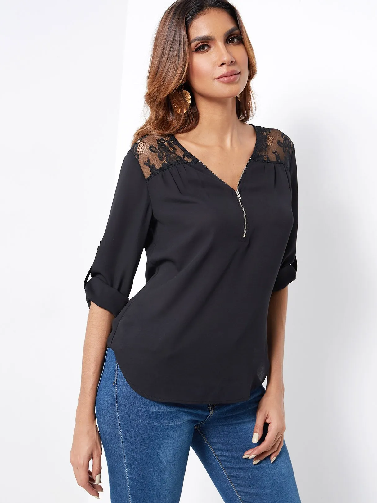 Custom V-Neck Plain Lace Zip Back Long Sleeve Curved Hem Black Blouses