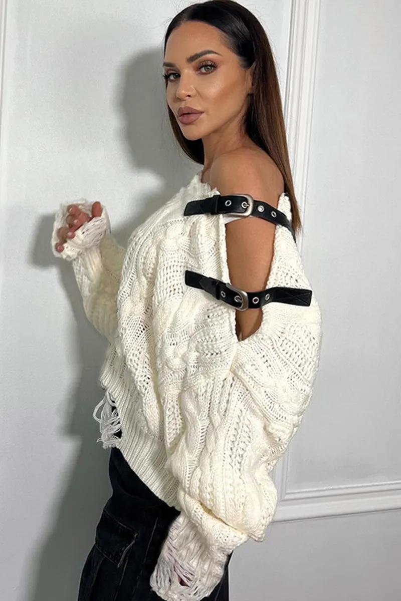 Distressed Cable Knit Sweater With Leather Trim