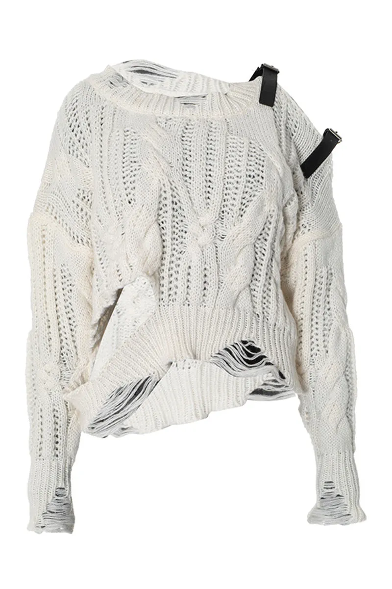 Distressed Cable Knit Sweater With Leather Trim