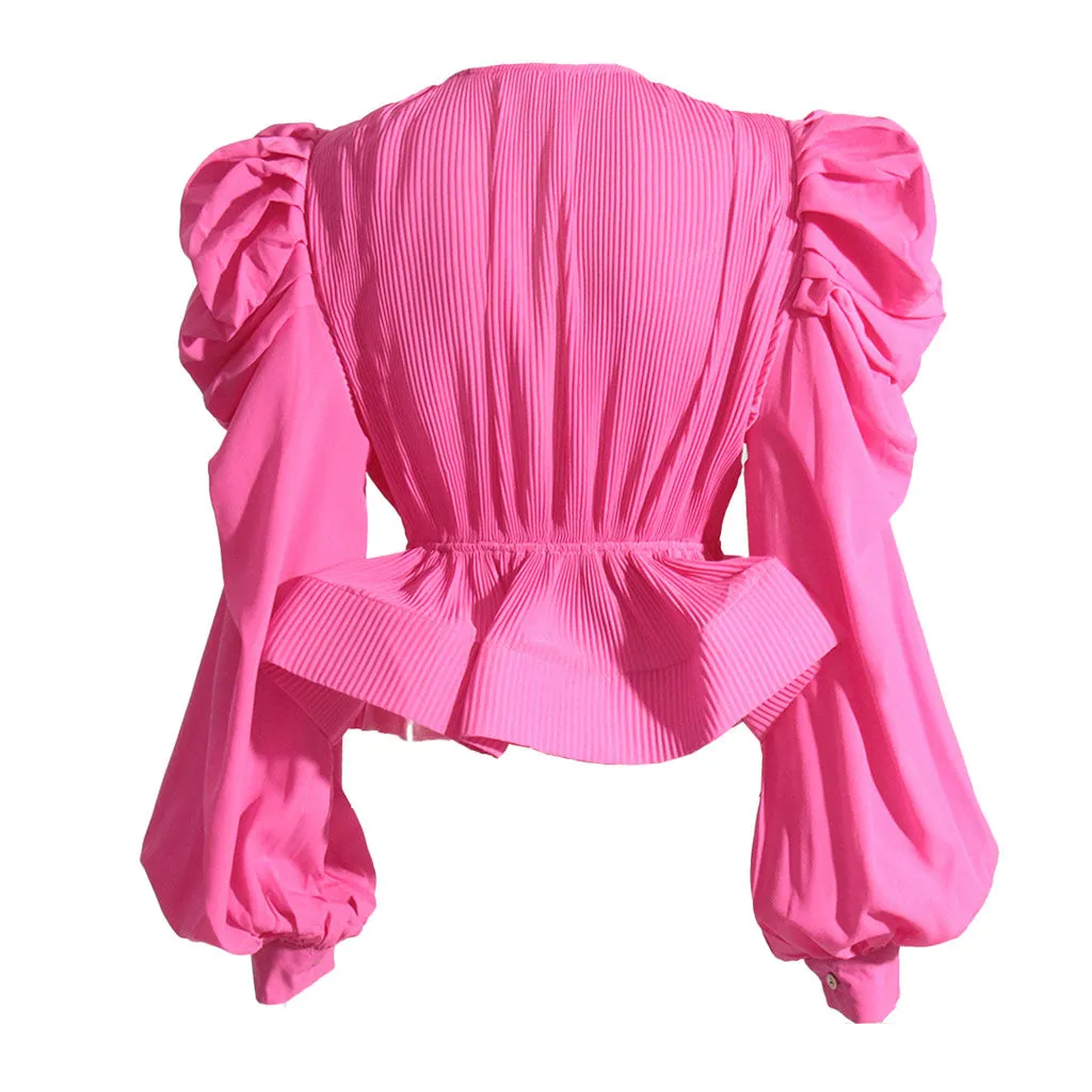 Dramatic Puff Sleeve V Neck Tie Front Pleated Chiffon Peplum Blouse