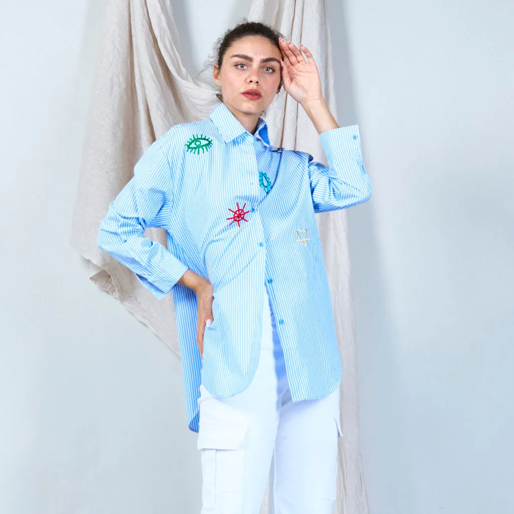 Eclectic icon-embroidered striped shirt wholesale