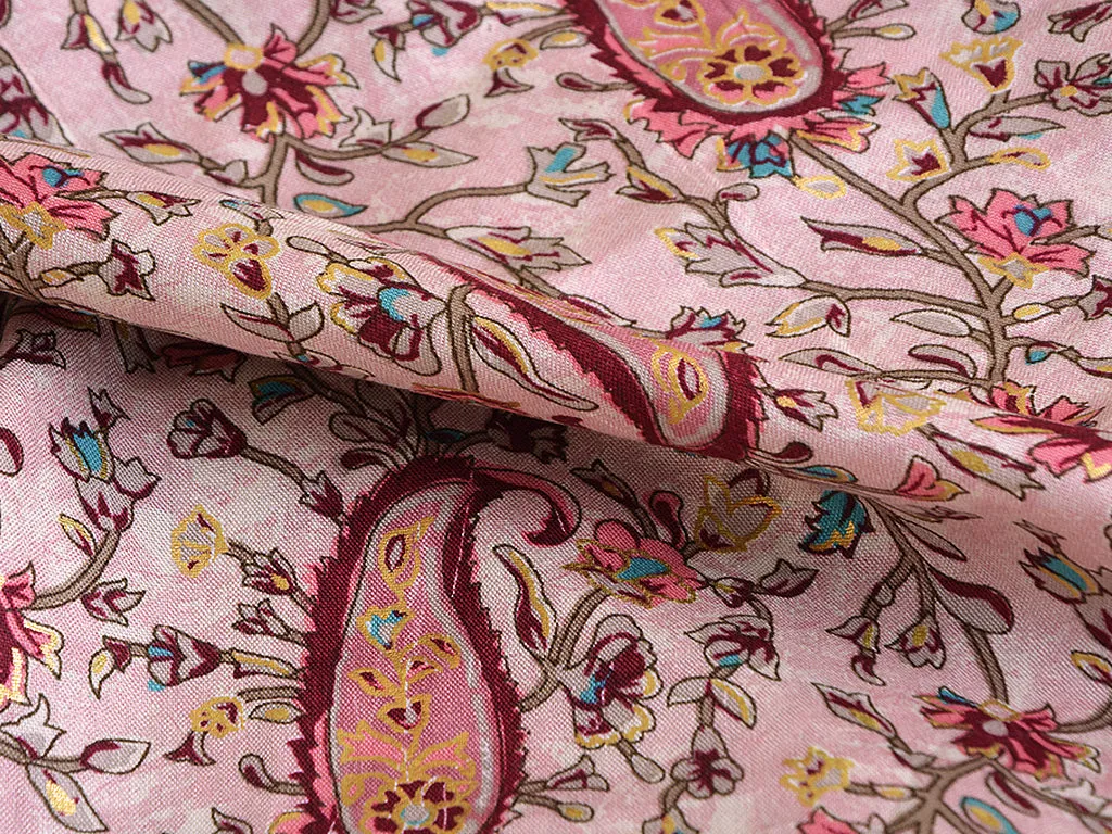 Flamingo Pink Paisley Digital Print Cotton Rayon Fabric