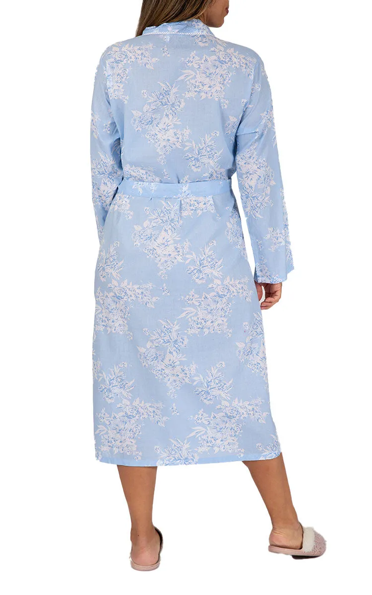 French Country 100% Cotton Robe with Long Sleeve in Blue Floral FCX303