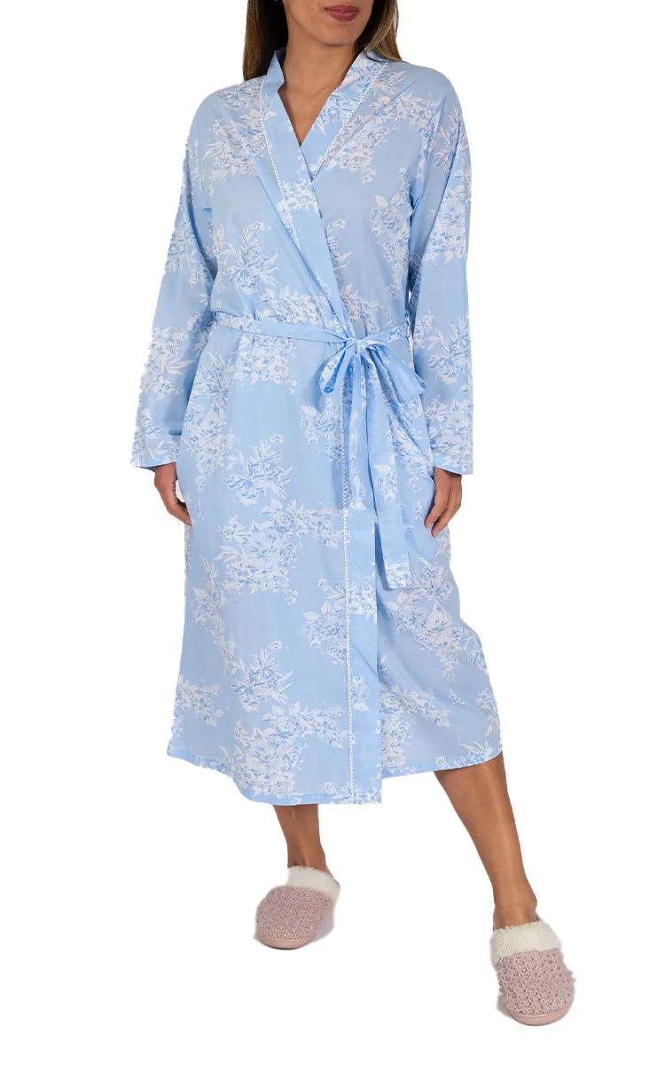 French Country 100% Cotton Robe with Long Sleeve in Blue Floral FCX303