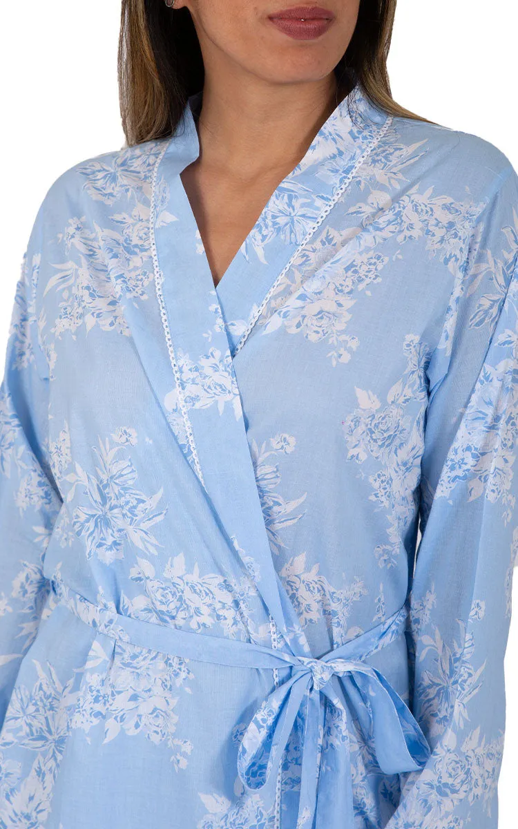 French Country 100% Cotton Robe with Long Sleeve in Blue Floral FCX303