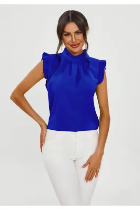 FS Collection Frill Trim Sleeve High Neck Blouse Top In Royal Blue