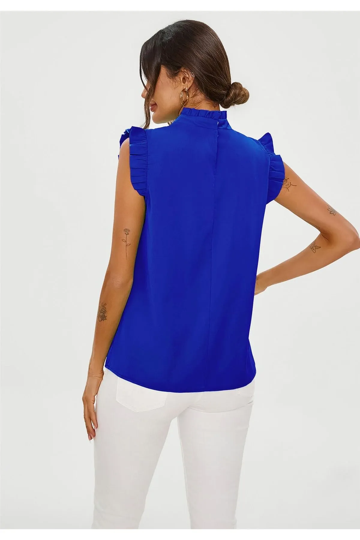 FS Collection Frill Trim Sleeve High Neck Blouse Top In Royal Blue