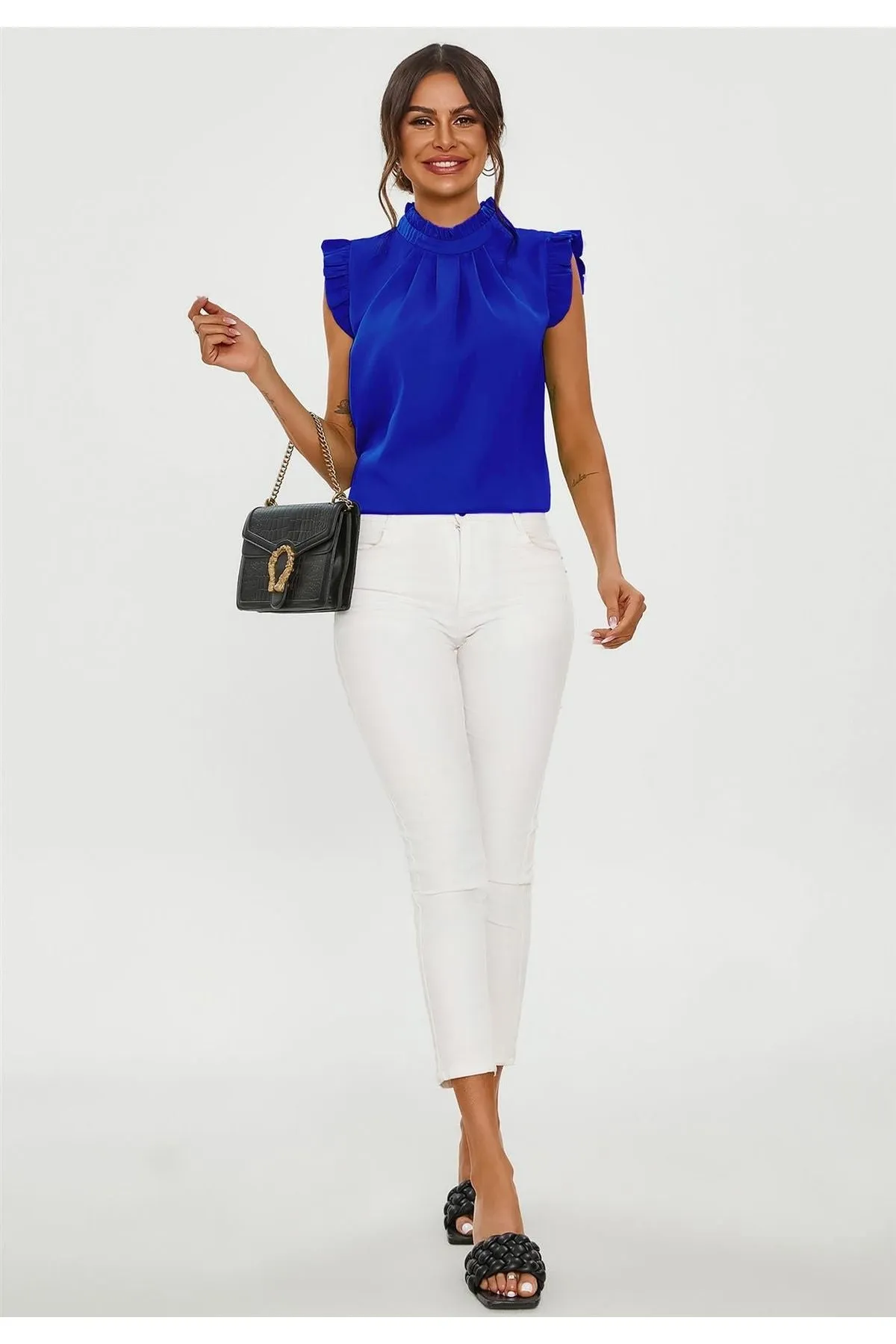 FS Collection Frill Trim Sleeve High Neck Blouse Top In Royal Blue