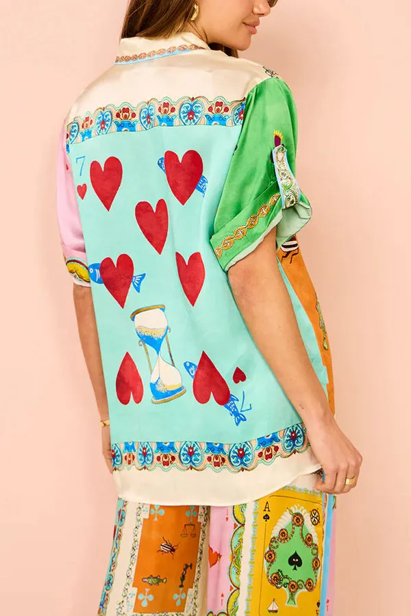 Funny Poker Summer Satin Unique Print Button Down Oversized Blouse