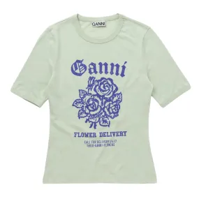 GANNI FLOWER PRINT FITTED T-SHIRT SEAFOAM