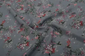 Gray Floral Printed Viscose Blend Fabric