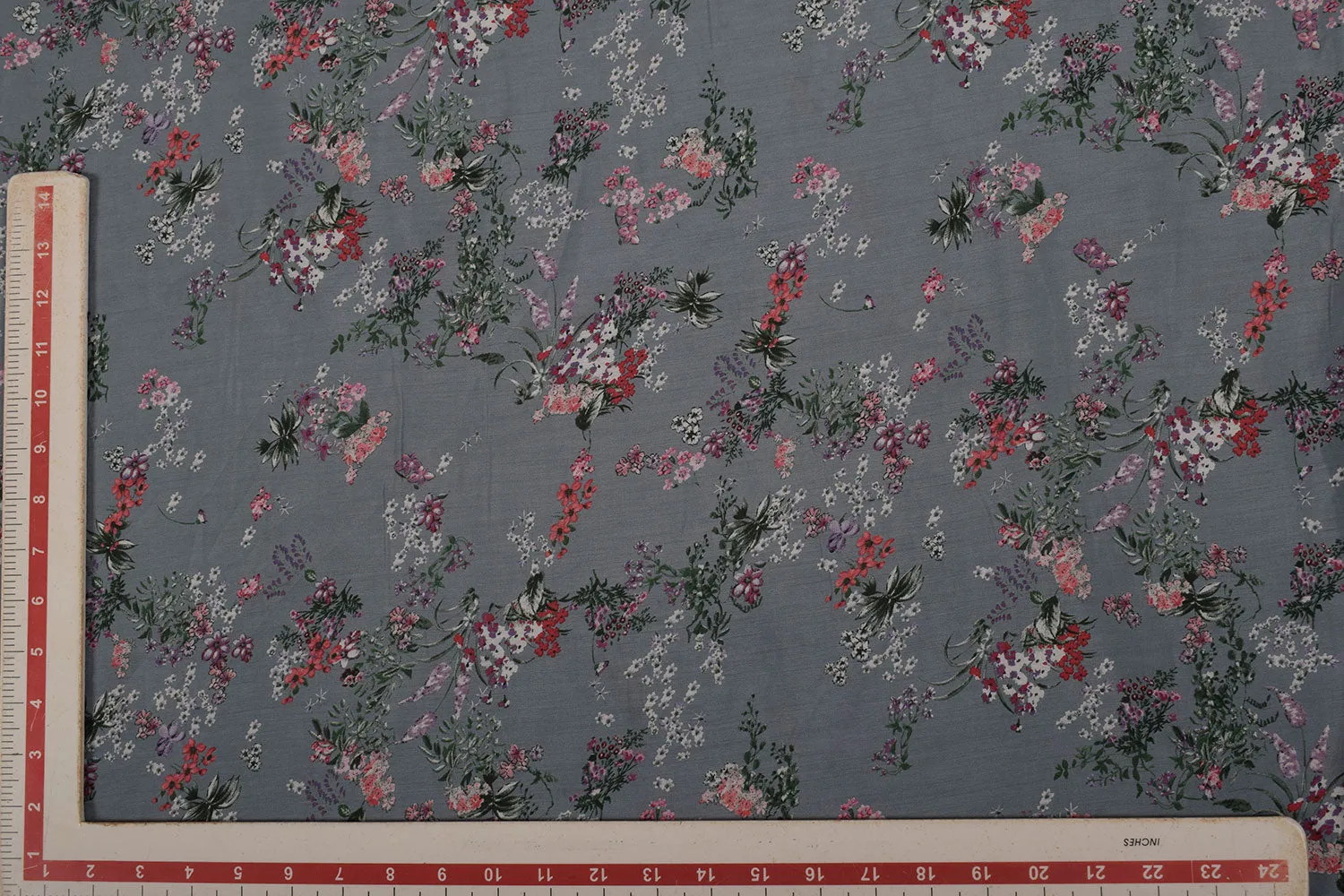 Gray Floral Printed Viscose Blend Fabric