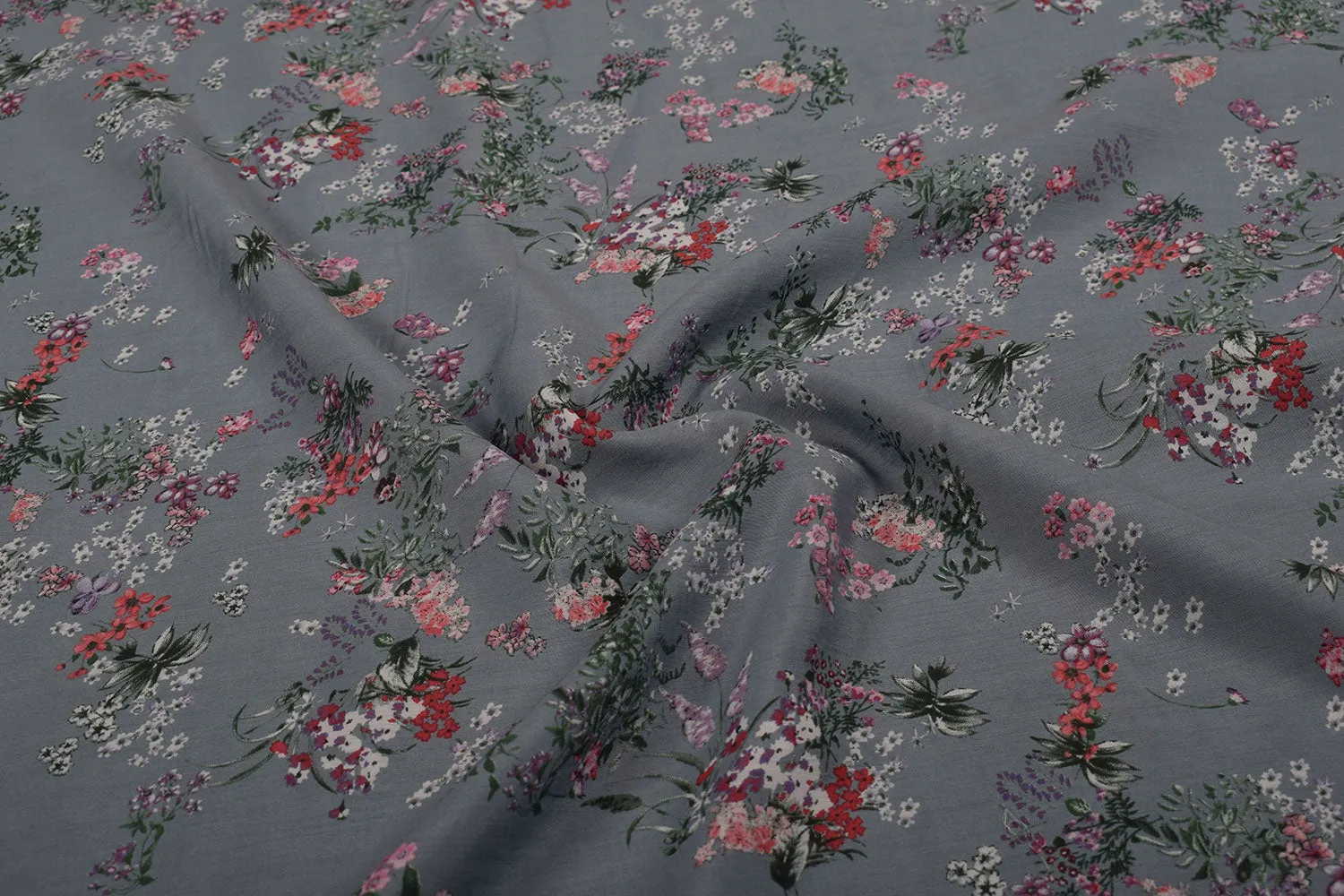 Gray Floral Printed Viscose Blend Fabric