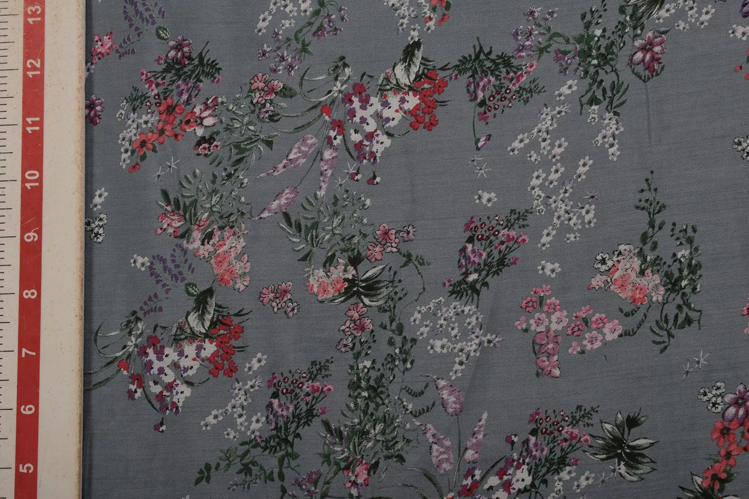 Gray Floral Printed Viscose Blend Fabric