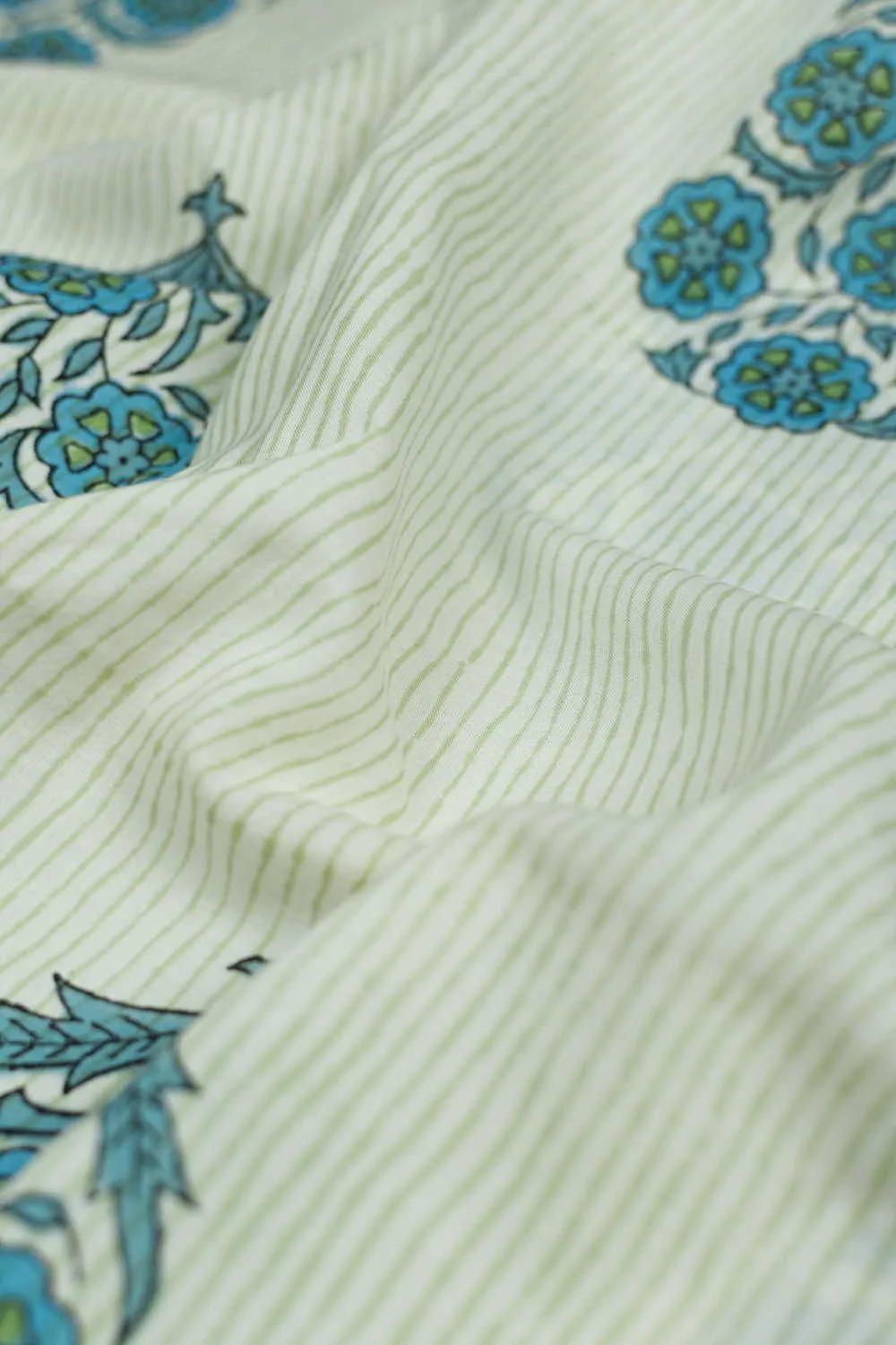 Green Stripped on Cream Sanganeri Cotton Fabric