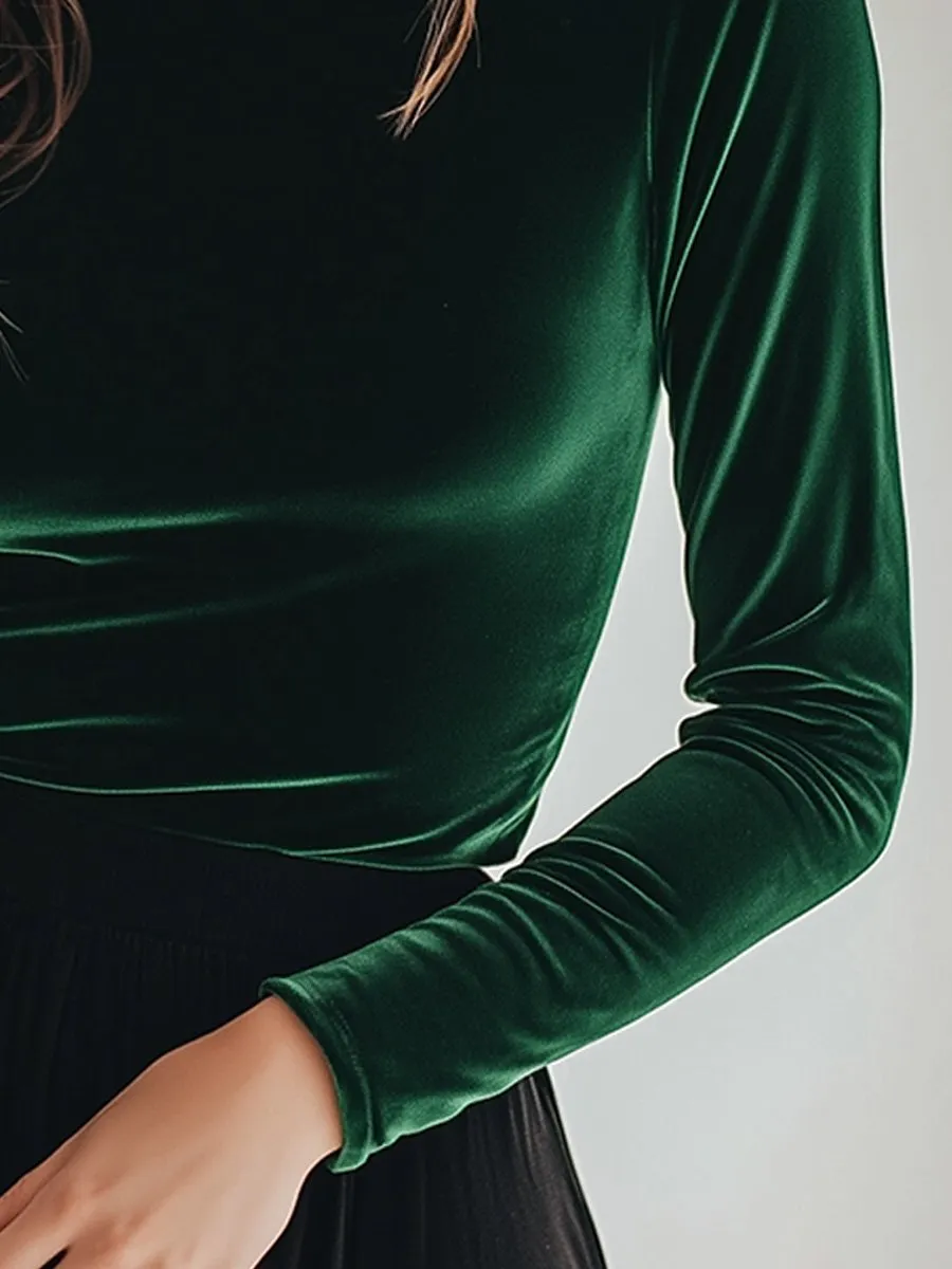 Green Vintage Velvet Turtleneck Stretch Bottoming Shirt