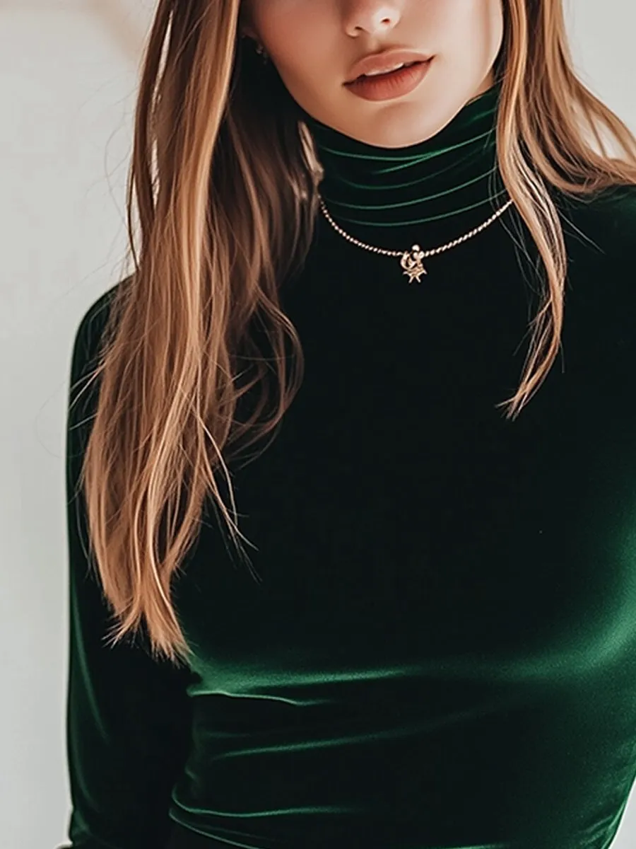 Green Vintage Velvet Turtleneck Stretch Bottoming Shirt