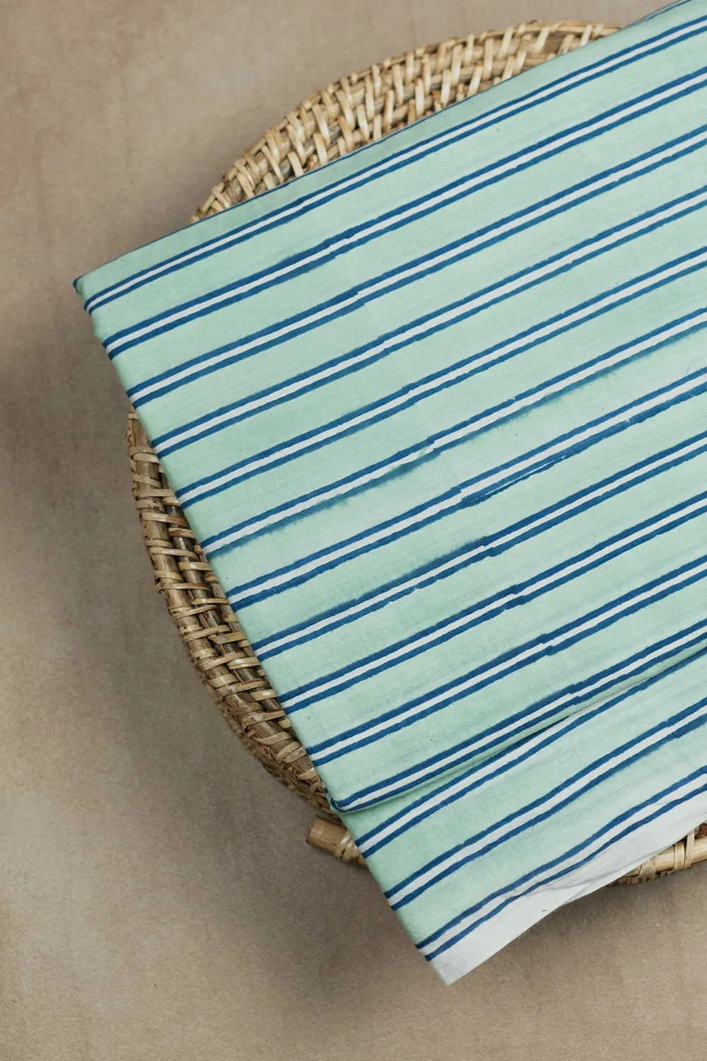 Green with Blue Stripe Sanganeri Cotton Fabric