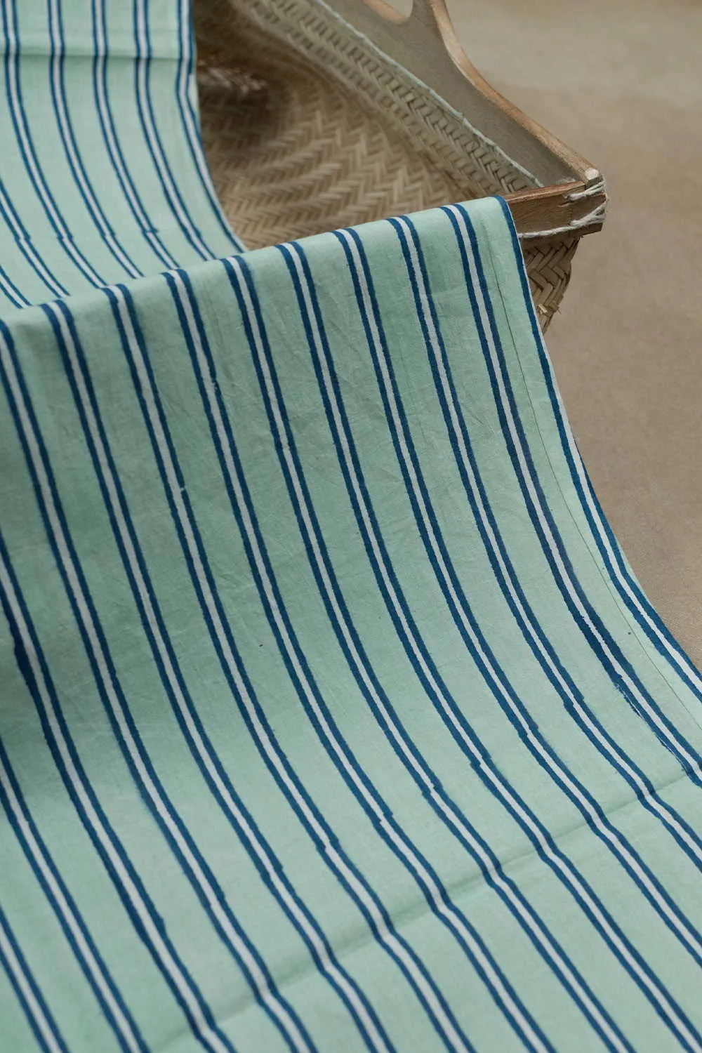 Green with Blue Stripe Sanganeri Cotton Fabric