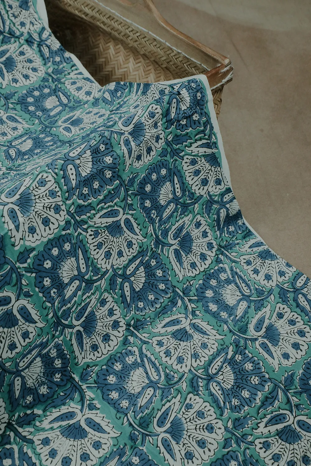 Green with Floral Design Sanganeri Cotton Fabric - 0.5m