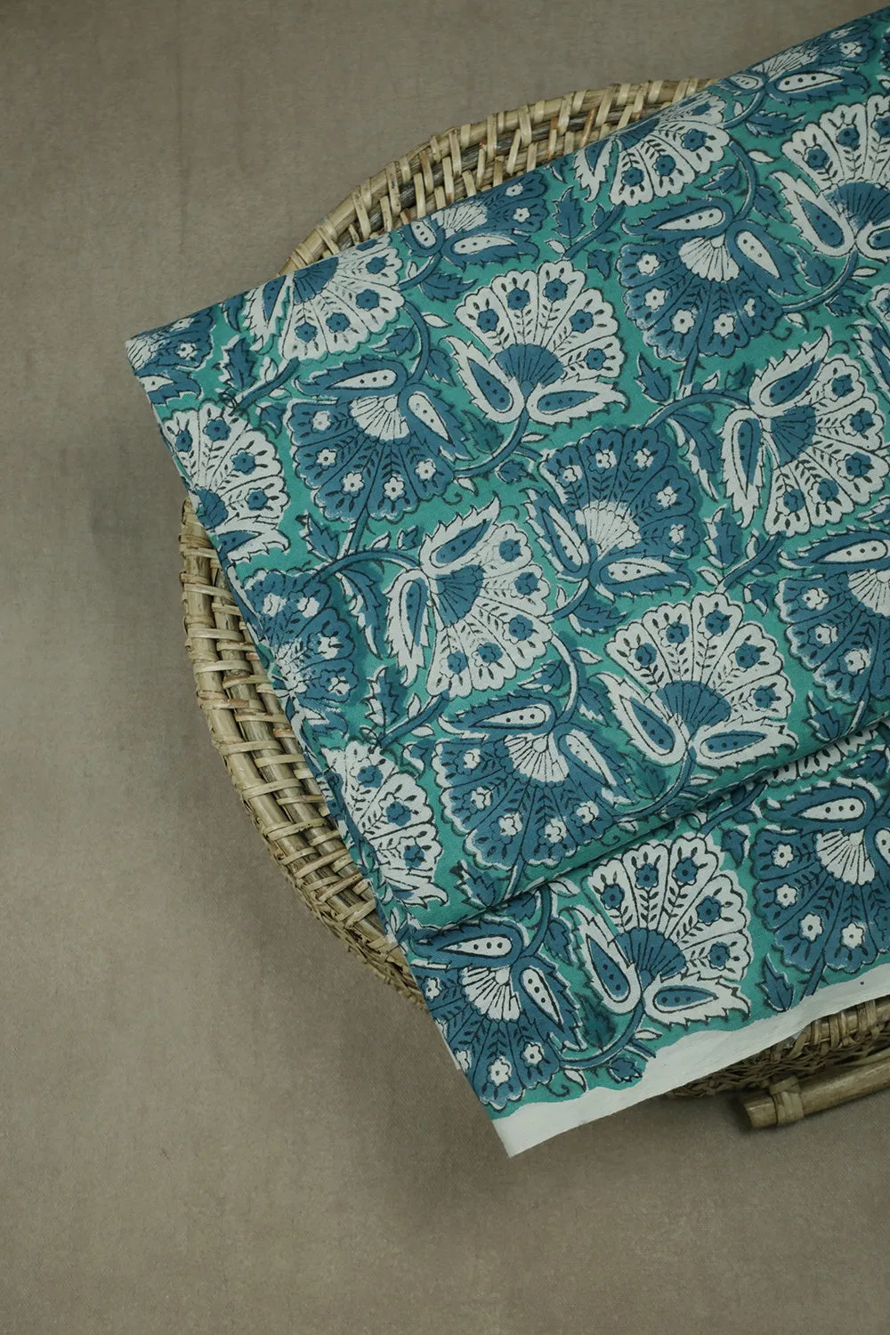 Green with Floral Design Sanganeri Cotton Fabric - 0.5m