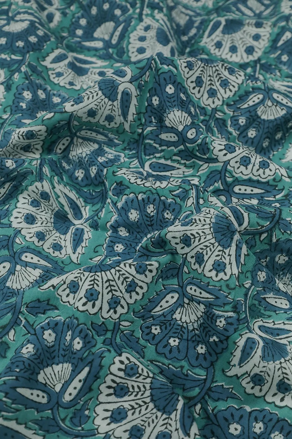 Green with Floral Design Sanganeri Cotton Fabric - 0.5m