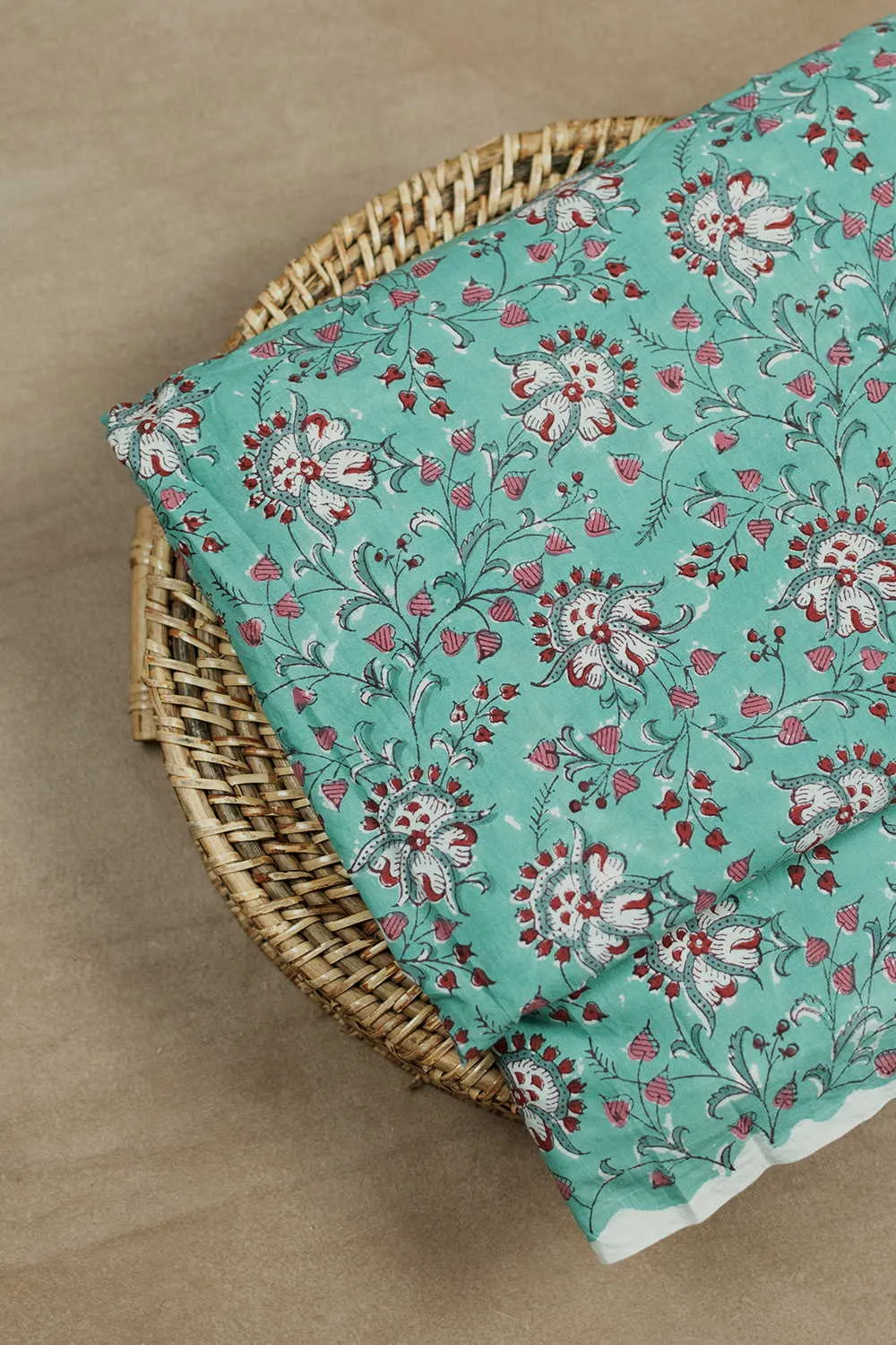 Green with Florals Sanganeri Cotton Fabric - 1.2m