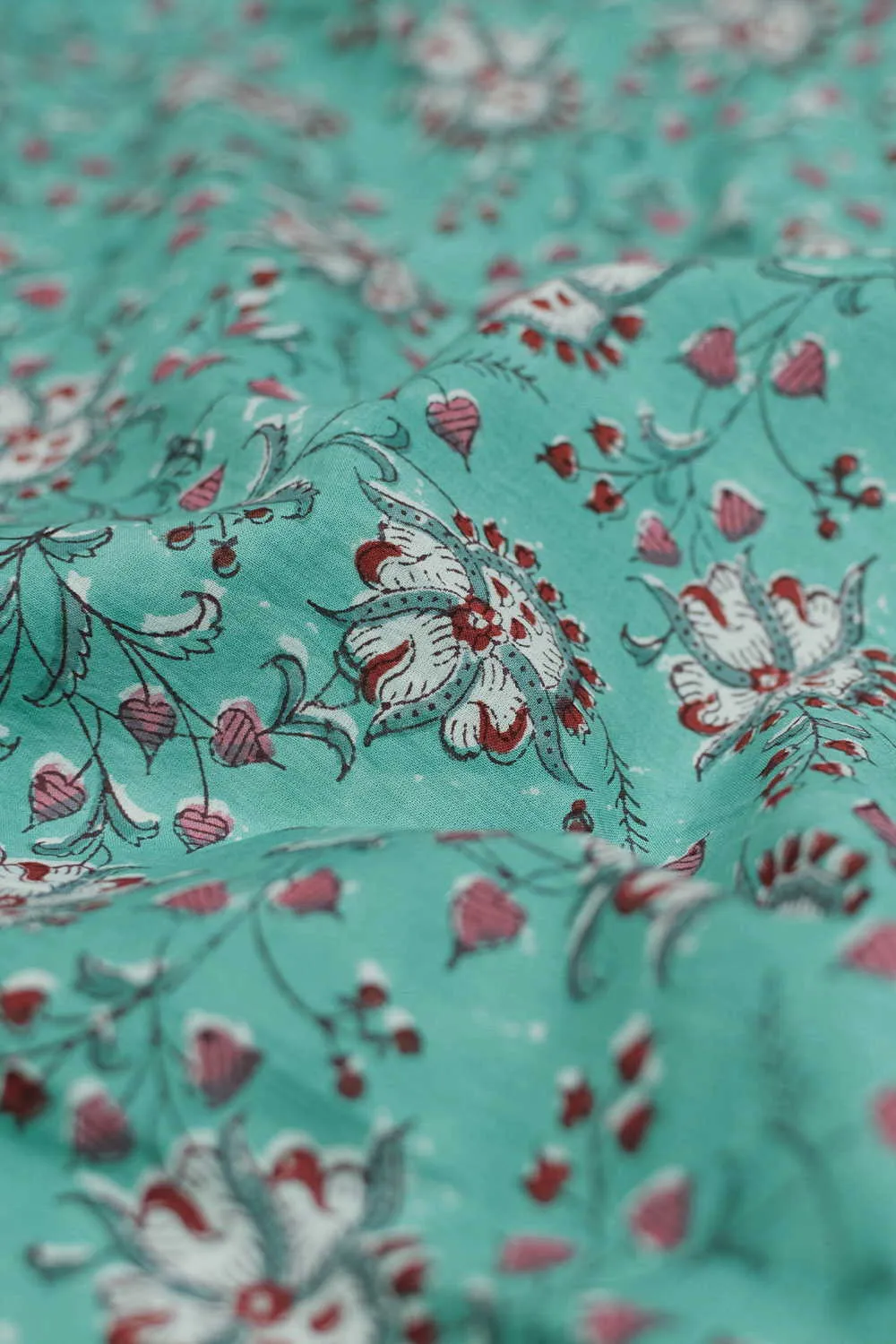 Green with Florals Sanganeri Cotton Fabric - 1.2m