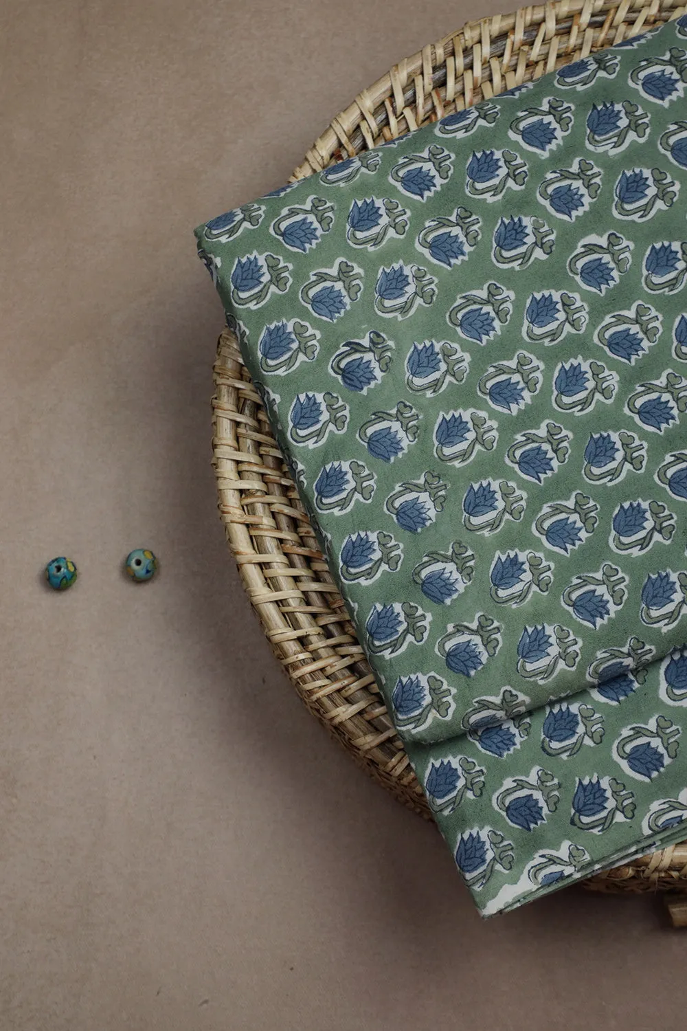 Green with Tiny Butta Sanganeri Cotton Fabric - 0.7m