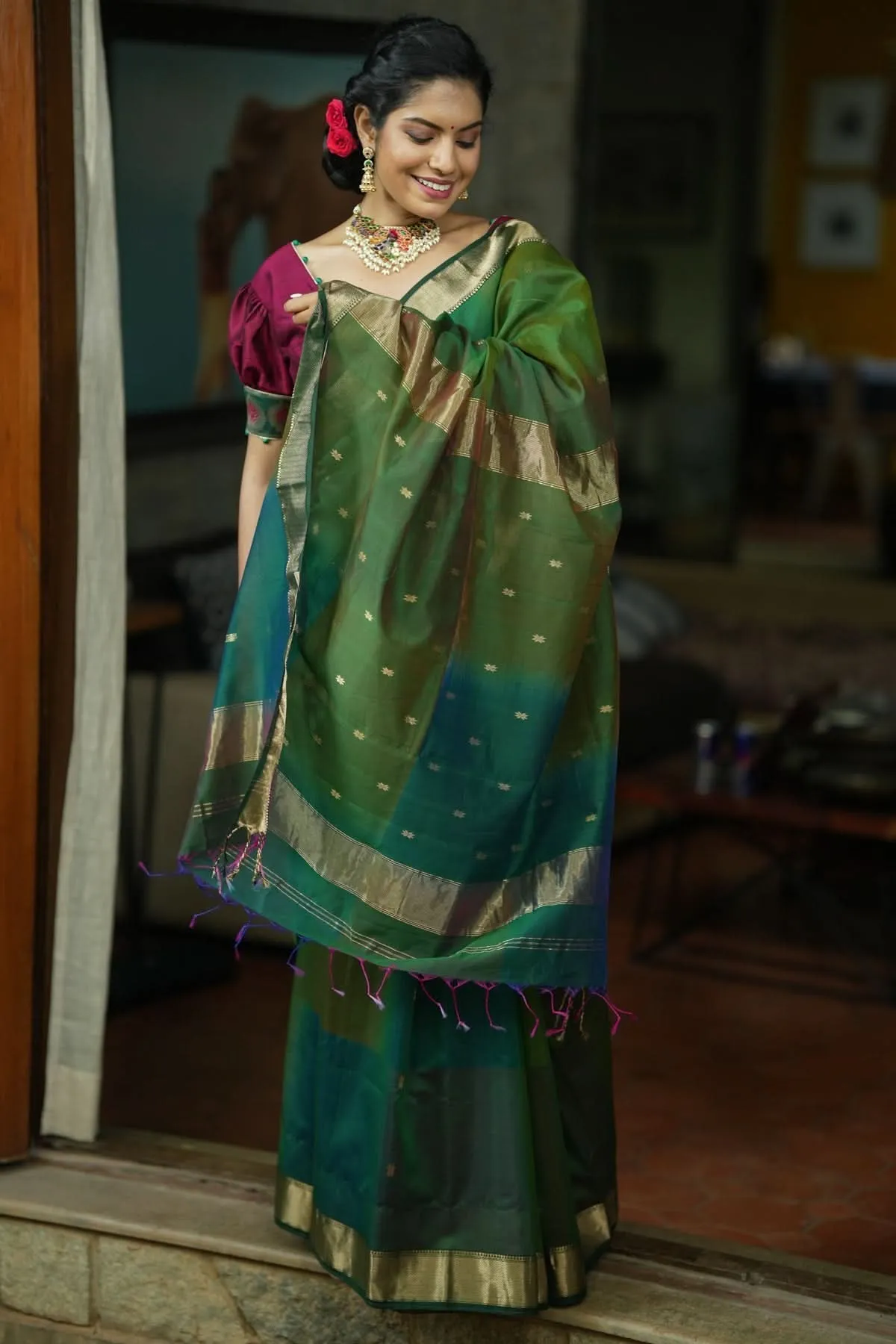 Handwoven  Maheshwari Silk Cotton Saree in Green with Ombre weave and long handmade tassels