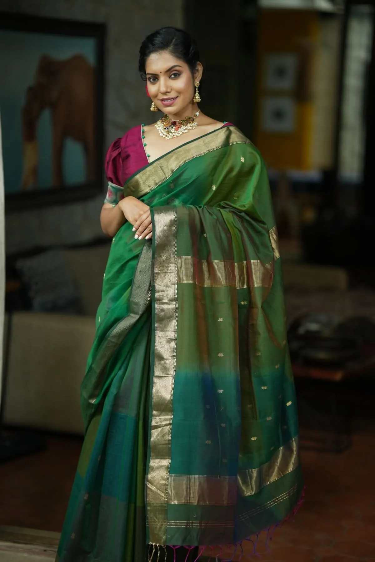 Handwoven  Maheshwari Silk Cotton Saree in Green with Ombre weave and long handmade tassels